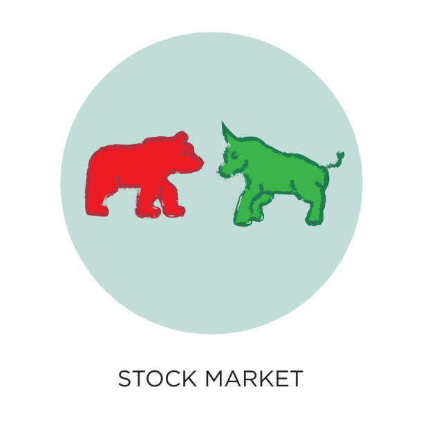 illustrazioni stock, clip art, cartoni animati e icone di tendenza di vector flat design bull market bear market bull and bear icon illustration in circle layout with black type - bull bear stock market new york stock exchange