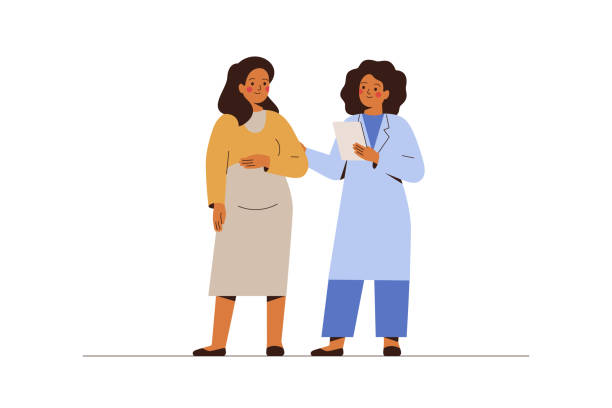 ilustrações de stock, clip art, desenhos animados e ícones de pregnant woman visits her gynecologist in the hospital. female doctor talks with woman expecting a baby. vector illustration - human pregnancy prenatal care women abdomen