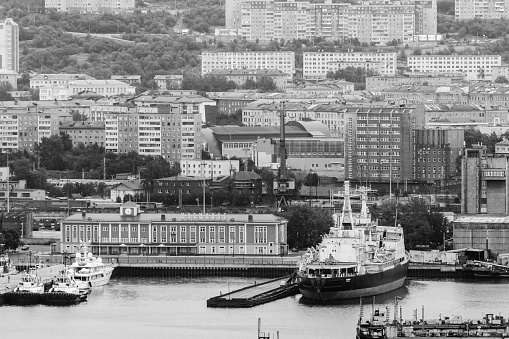 Murmansk, Russia - July 24, 2017: The world first nuclear icebreaker Lenin moored at the pier in Murmansk