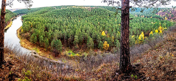panoramic autumn view from the bank of the Ai river in the area of the Ai pritesy on a cloudy day