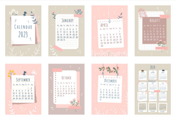 ilustraciones, imágenes clip art, dibujos animados e iconos de stock de calendario 2023. portada, conjunto de páginas de 12 meses y página con calendario 2024. pedazos de papel, flores de colores, contornos de flores en estilo plano. la semana comienza el domingo. - paper clip clip vector illustration and painting