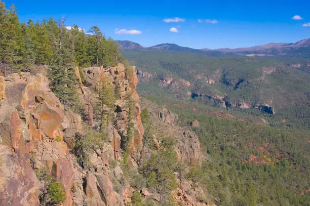 Evergreen trees cling to the face of a rock cliff in the SantaFe National Forest in New Mexico.  Distant mountains are topped with fluffy white clouds.