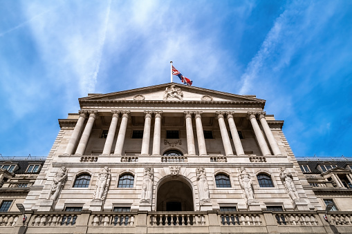 London, UK - 18th April 2022: Front facade of the Bank of England, in Threadneedle Street. This iconic financial institution is responsible for setting interest rates in the UK. Established in 1694.