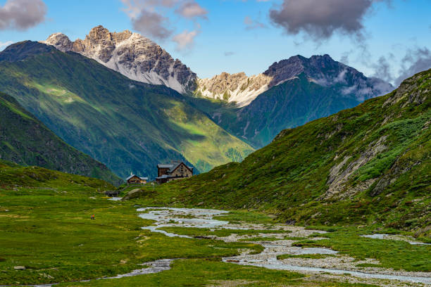Franz-Senn hut located in the Oberbergtal valley in Stubai Alps. Franz-Senn hut located in the Oberbergtal valley in Stubai Alps. neustift im stubaital stock pictures, royalty-free photos & images