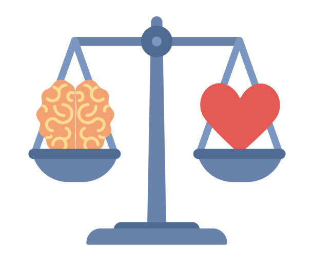 mind and heart balance icon. comparison between reason and feeling. love concept. emotional happiness with mental health. harmony life. vector flat illustration - scales of justice 幅插畫檔、美工圖案、卡通及圖標