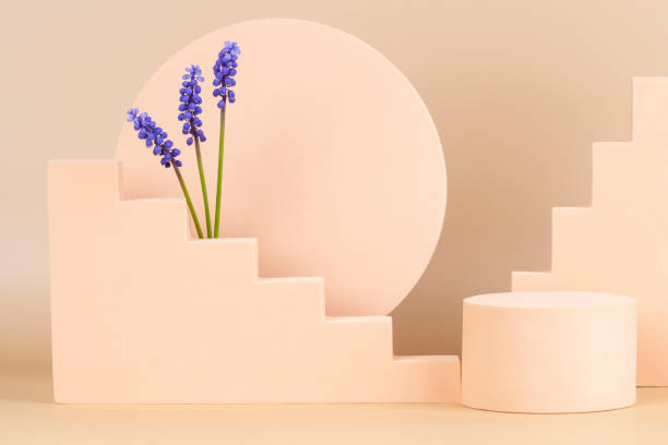 istock Trendy spring composition with geometric shapes platform podium and blue muscari flowers on pastel background. Front view 1394247676