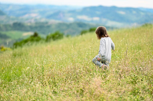 little girl is relaxing on meadow . little girl 3 years old runs through a meadow - child rear view running nature imagens e fotografias de stock