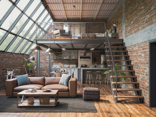 istock Industrial Style Loft Apartment with indoor balcony, 3d render 1394249752