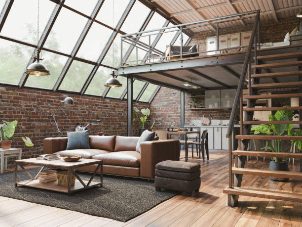 industrial style loft apartment mit innenbalkon, 3d-rendering - loft stock-fotos und bilder