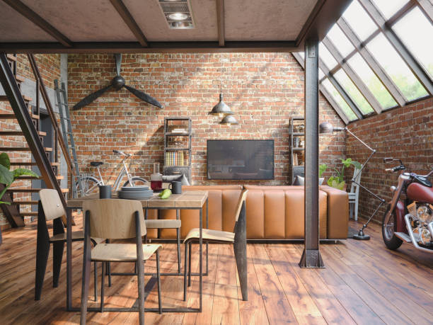 istock Industrial Style Loft Apartment with indoor balcony, 3d render 1394250043