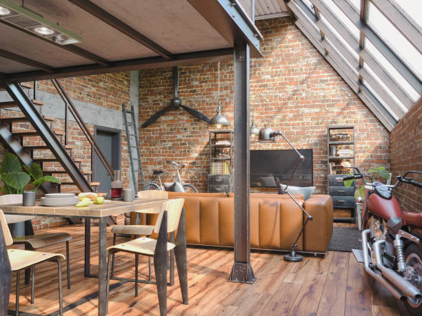 istock Industrial Style Loft Apartment with indoor balcony, 3d render 1394250074