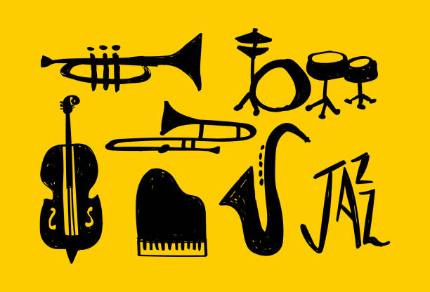 Jazz music instrument hand drawn doodle set Jazz musical instrument doodle set illustration, hand drawn cartoon music decoration. Includes piano, saxophone, trumpet and drum. brass instrument stock illustrations