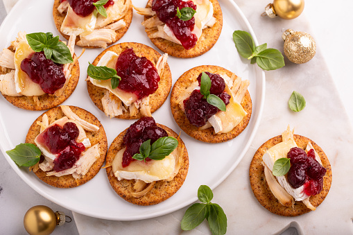Party appetizers with roasted turkey, brie and cranberry sauce on crackers for Christmas