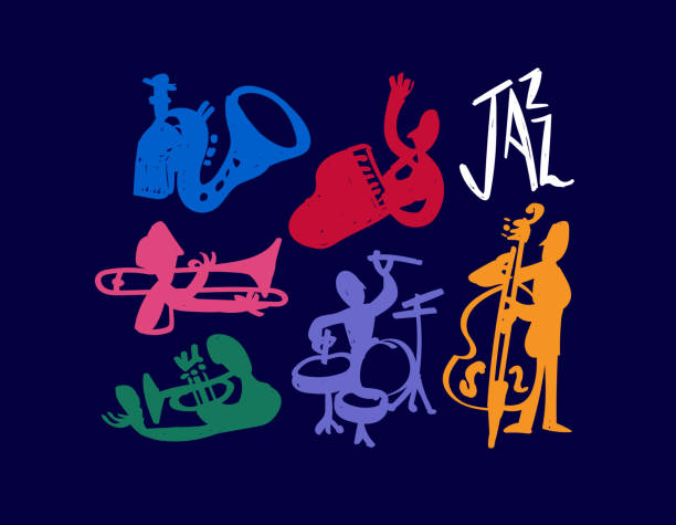 odtwarzacz muzyki jazzowej ręcznie rysowany zestaw doodle - jazz trumpet nightclub entertainment club stock illustrations