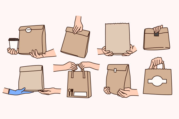 eine reihe von leuten bekommt essen mit lieferung zum mitnehmen - shopping bag paper bag retail drawing stock-grafiken, -clipart, -cartoons und -symbole