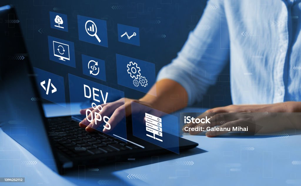 Agile programming and DevOps concept. Engineer working on laptop with virtual screen. IT operations, high software quality and software development. Agile programming and DevOps concept. Engineer working on laptop with virtual screen. IT operations, high software quality and software development Devops Stock Photo