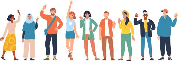 Diverse people with greeting gesture. Happy smiling cheerful men and women. Group of different characters standing together and waving hello. waving stock illustrations