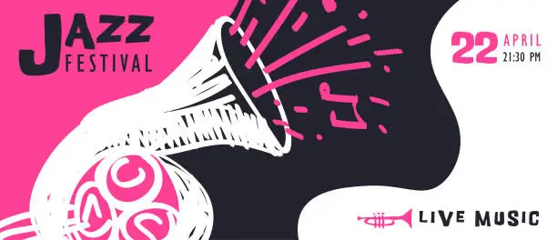 Vector illustration of Jazz music doodle French horns art banner template