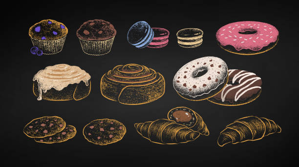 kredowy zestaw słodkich potraw piekarniczych i deserów - coffee muffin take out food disposable cup stock illustrations