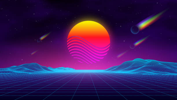 illustrations, cliparts, dessins animés et icônes de synth wave rétro paysage de ville arrière-plan coucher de soleil paysage 3d avec comètes arc-en-ciel. paysage futuriste style années 1980. paysage rétro numérique cyber surface. contexte de la fête des années 80 . rétro mode science-fiction arriè - backgrounds dance and electronic purple abstract