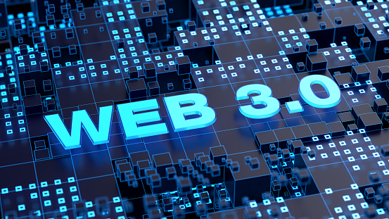 Web 3.0 typography with on anstract futuristic tech wireframe background. Metaverse, future decentralized internet and new creative economy concept. 3D illustration