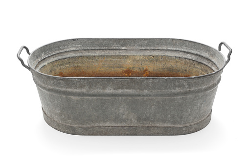 Old metal tin basin on white background, including clipping path