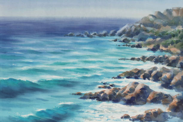istock Blue lagoon seascape with stones and rocks watercolor background 1394268385