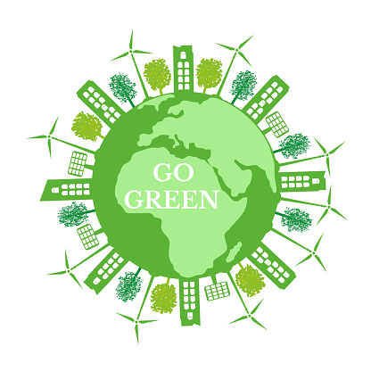 Concept of planet earth with green city, green trees and renewable energy sources. Ecology concept and environment conservation. Earth day. Go green. Vector illustration.