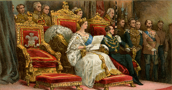 Queen victoria reading a statement. Vintage engraving circa late 19th century. Digital restoration by Pictore.