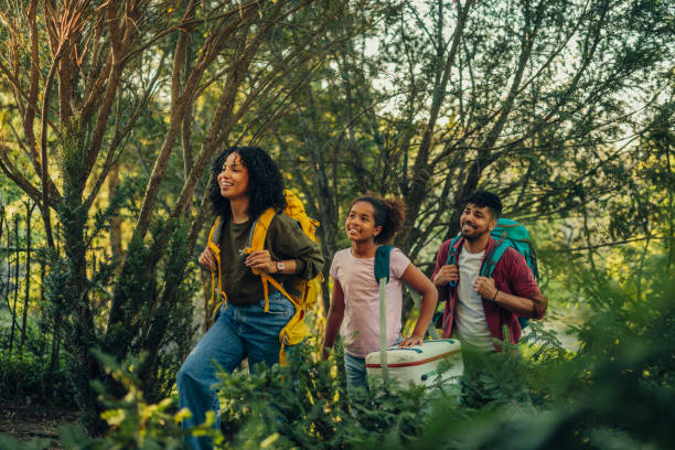 Trekking, camping and wild life concept. Family getaway African american family of three walking on a forest path during family camping adventure. family camping stock pictures, royalty-free photos & images