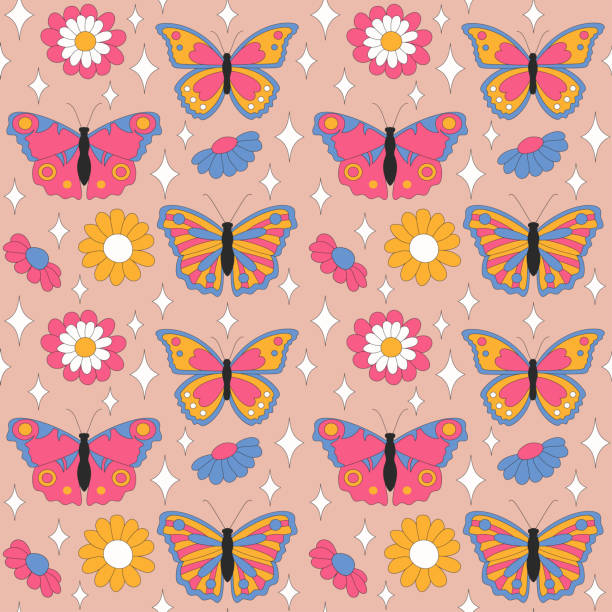 ilustrações de stock, clip art, desenhos animados e ícones de seamless pattern with retro daisies with butterflies and sparkles. - summer backgrounds line art butterfly