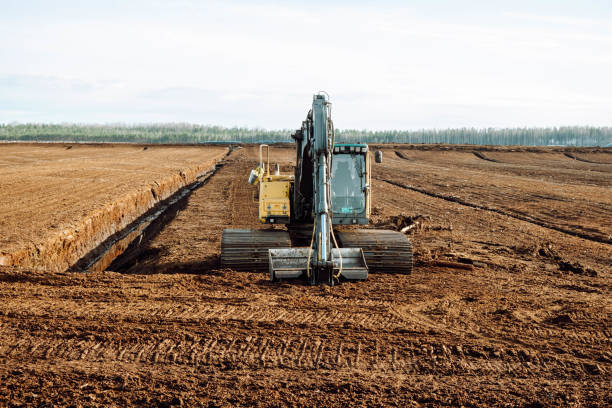 Excavator digging drainage ditch in peat extraction site. Drainage of peat bogs and destruction of trees. Drilling on bog for oil exploration. Wetlands declining and under threat. Mining on peatlands Excavator digging drainage ditch in peat extraction site. Drainage of peat bogs and destruction of trees. Drilling on bog for oil exploration. Wetlands declining and under threat. Mining on peatlands. Peat stock pictures, royalty-free photos & images