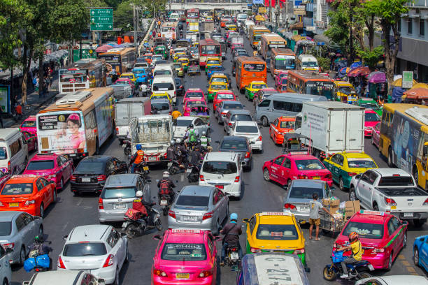 Traffic jam along a busy road in Bangkok, Thailand stock photo
