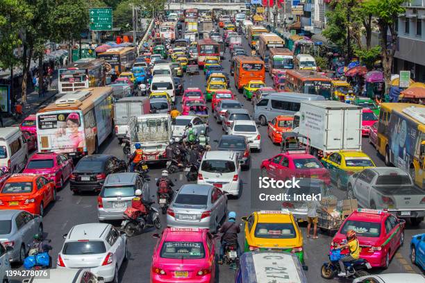 Traffic Jam Along A Busy Road In Bangkok Thailand Stock Photo - Download Image Now - Bangkok, Car, Street