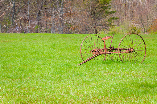 A rusty old hayrake in a green pasture on Cape Cod in late April.