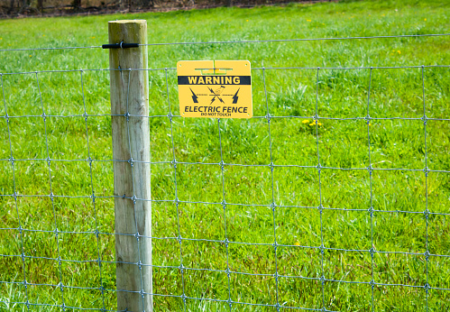 An electric warning sign on a wire fence surrounding a green pasture on a Cape Cod farm.