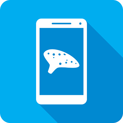 Vector illustration of a smartphone with ocarina icon against a blue background in flat style.
