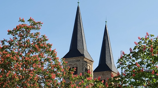 Pfaeffikon, Canton Zurich, Switzerland, April 10, 2023 Beautiful church in the center on a sunny day