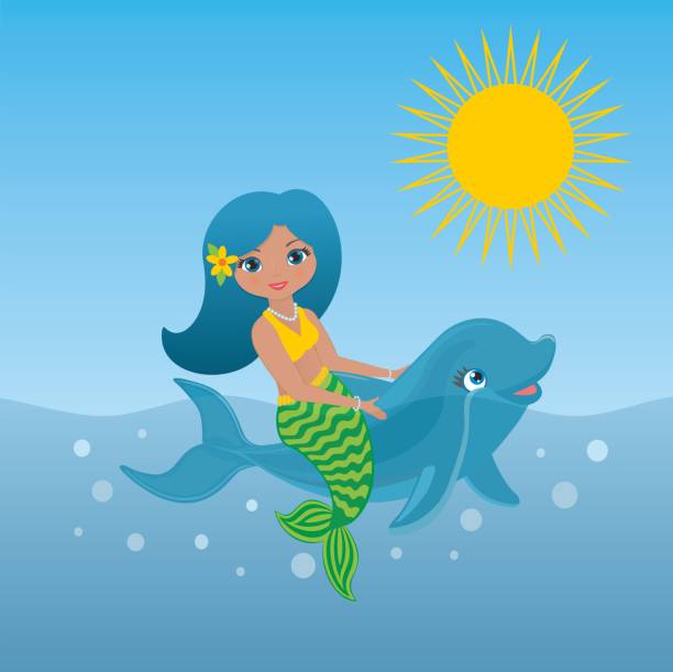 Lovely and happy mermaid riding on dolphin calf, fish a sunny day. Vector illustration. Mermaid riding on cute little dolphin fish. a wonderful summerday. mermaid dress stock illustrations