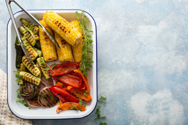 Grilled vegetables in balsamic dressing on a tray