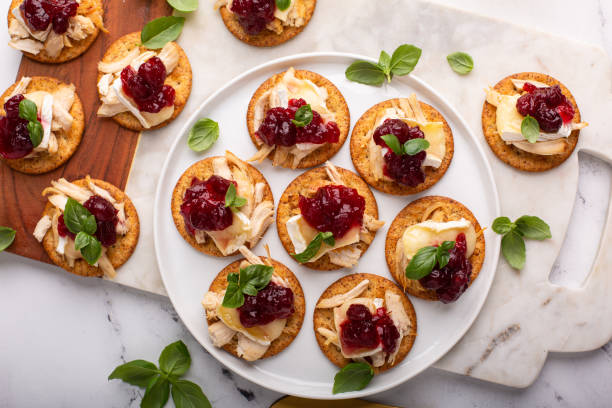 Party appetizers with turkey, brie and cranberry sauce stock photo