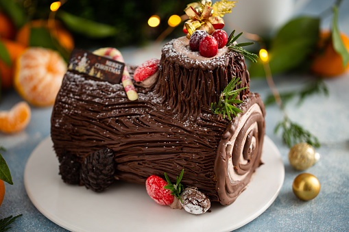 Yule log chocolate cake with chocolate frosting for Christmas
