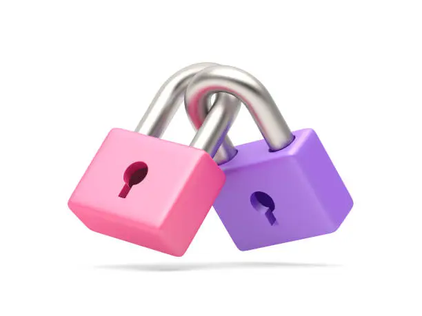 Photo of Two locked padlocks isolated on white background