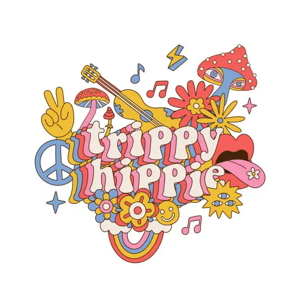 Vector illustration of Trippy hippie - Retro 70 s psychedelic print with groovy slogan for man and woman graphic tee t shirt or sticker decorated with mushrooms, music, flowers and rainbow. Vector isolated illustration.
