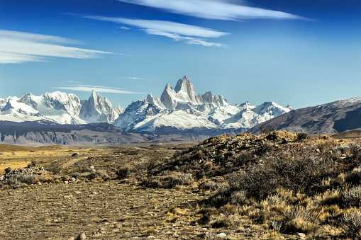 View of the Mt. Fitz Roy (3,405 masl) and Mt. Torre (3,125 msal), world famous called \
