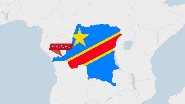 DR Congo map highlighted in DR Congo flag colors and pin of country capital Kinshasa. DR Congo map highlighted in DR Congo flag colors and pin of country capital Kinshasa, map with neighboring African countries. kinshasa stock illustrations