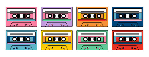 Cartoon audio tapes in different colorful. Vintage technology. Doodle style. Retro audio cassettes. Vector illustration. videocassette stock illustrations