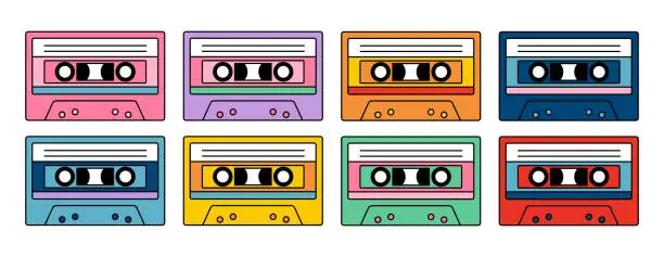 Vector illustration of Cartoon audio tapes in different colorful.