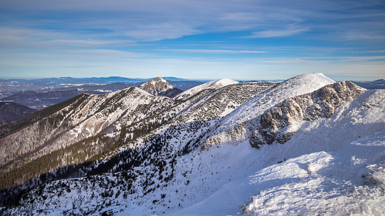 Landscape of winter snowy mountains. The Mala Fatra national park in Slovakia, Europe.