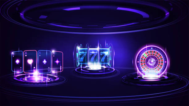 neon casino spielautomat, casino roulette rad, spielkarten und hologramm der digitalen ringe in dunkler leerer szene - roulette roulette wheel casino wheel stock-grafiken, -clipart, -cartoons und -symbole